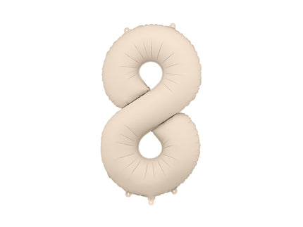 Folinis skaičiaus balionas „8“, šiltai pilkas. Matinis. Dydis nepripūtus - apie 100 cm, pripūtus 86 cm. Tinka pildyti oru arba heliu. Komplekte pridedamas šiaudelis. Balionas užsisandarinantis. Turi kabliukus tvirtinimui. Puikiai atrodo per gimtadienių šventes.