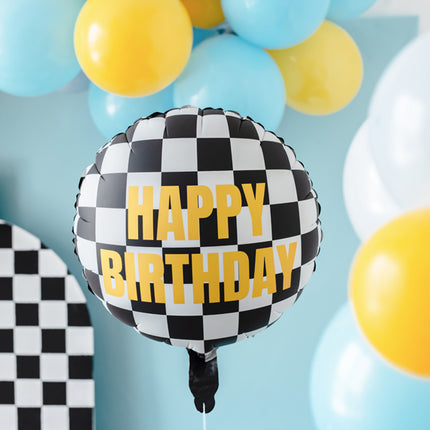 Folinis balionas tema "Lenktynininkai" su užrašu "Happy Birthday", spalvų derinys, dydis prieš pripučiant apie 45 cm (18''), dydis pripūtus apie 35 cm (14''). Pripučiami oru ir heliu. Rinkinyje yra šiaudelis.