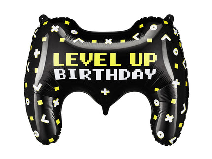 Folinis balionas "Gamepad" juodos spalvos su spalvotu spausdintuvu ir užrašu "Level up Birthday", dydis prieš pripučiant apie 72 x 52 cm (28 x 20,5''), dydis pripučiant apie 60 x 45 cm (25,5 x 18''). Pripučiama oru ir heliu. Rinkinyje yra šiaudelis.