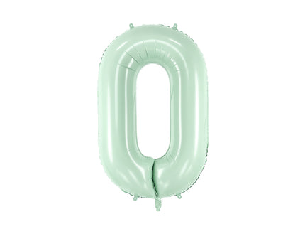 Pastelinis folinis balionas skaičiaus „0“, žalias. Ne pripūsto dydis– apie 86 cm, pripūsto dydis – apie 72 cm. Galima pildyti oru arba heliu. Komplekte pridedamas šiaudelis, balionas užsisandarinantis.