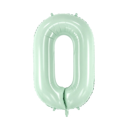 Pastelinis folinis balionas skaičiaus „0“, žalias. Ne pripūsto dydis– apie 86 cm, pripūsto dydis – apie 72 cm. Galima pildyti oru arba heliu. Komplekte pridedamas šiaudelis, balionas užsisandarinantis.