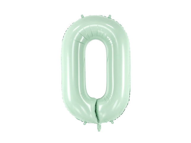 Pastelinis folinis balionas skaičiaus „0“, žalias. Ne pripūsto dydis– apie 86 cm, pripūsto dydis – apie 72 cm. Galima pildyti oru arba heliu. Komplekte pridedamas šiaudelis, balionas užsisandarinantis.