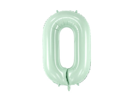 Pastelinis folinis balionas skaičiaus „0“, žalias. Ne pripūsto dydis– apie 86 cm, pripūsto dydis – apie 72 cm. Galima pildyti oru arba heliu. Komplekte pridedamas šiaudelis, balionas užsisandarinantis.