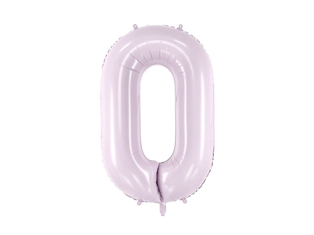 Folinis skaičiaus balionas „0“, violetinis. Ne pripūsto dydis– apie 86 cm, pripūsto dydis – apie 72 cm. Galima pildyti oru arba heliu. Komplekte pridedamas šiaudelis, balionas užsisandarinantis.
