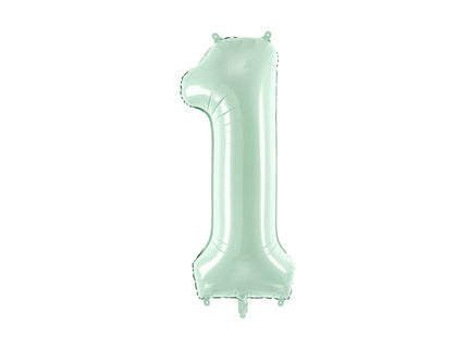 Pastelinis folinis balionas skaičiaus „1“, žalias. Ne pripūsto dydis– apie 86 cm, pripūsto dydis – apie 72 cm. Galima pildyti oru arba heliu. Komplekte pridedamas šiaudelis, balionas užsisandarinantis.