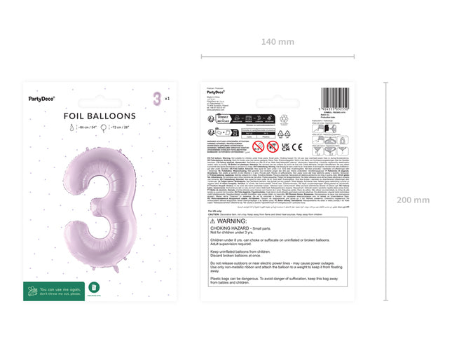 Folinis skaičiaus balionas „3“, 72 cm, violetinis