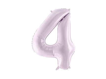 Pastelinis folinis balionas skaičiaus „4“, violetinis. Ne pripūsto dydis– apie 86 cm, pripūsto dydis – apie 72 cm. Galima pildyti oru arba heliu. Komplekte pridedamas šiaudelis, balionas užsisandarinantis.