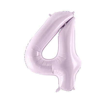 Pastelinis folinis balionas skaičiaus „4“, violetinis. Ne pripūsto dydis– apie 86 cm, pripūsto dydis – apie 72 cm. Galima pildyti oru arba heliu. Komplekte pridedamas šiaudelis, balionas užsisandarinantis.