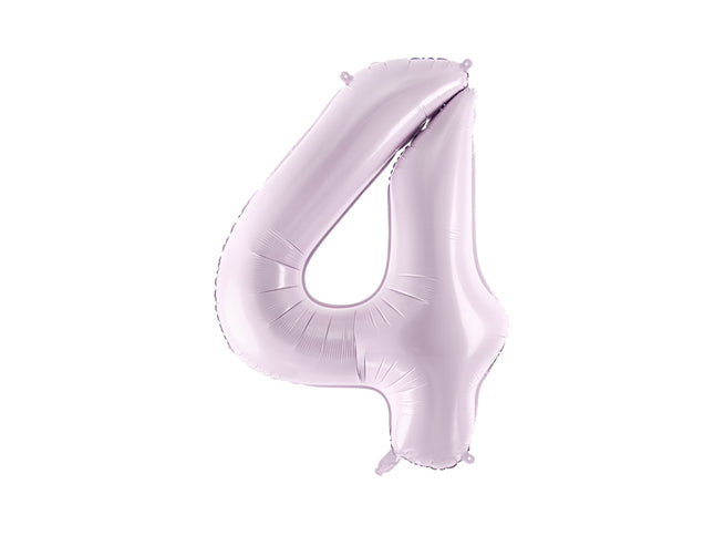 Pastelinis folinis balionas skaičiaus „4“, violetinis. Ne pripūsto dydis– apie 86 cm, pripūsto dydis – apie 72 cm. Galima pildyti oru arba heliu. Komplekte pridedamas šiaudelis, balionas užsisandarinantis.