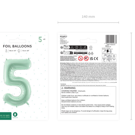 Folinis skaičiaus balionas „5“, 72 cm, žalias