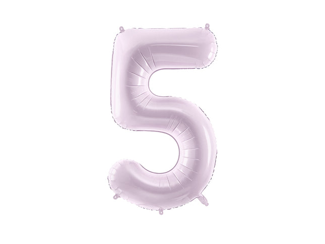 Pastelinis folinis balionas skaičiaus „5“, violetinis. Ne pripūsto dydis– apie 86 cm, pripūsto dydis – apie 72 cm. Galima pildyti oru arba heliu. Komplekte pridedamas šiaudelis, balionas užsisandarinantis.