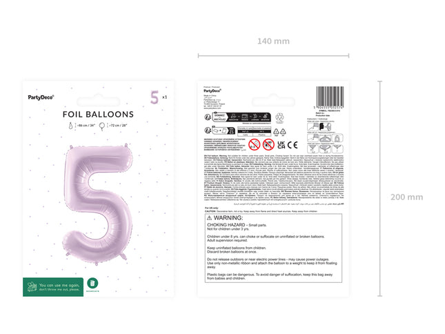 Folinis skaičiaus balionas „5“, 72 cm, violetinis