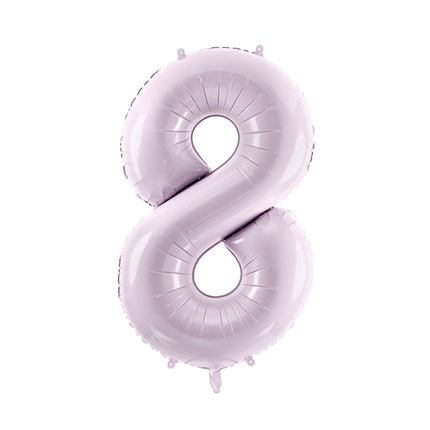 Pastelinis folinis balionas skaičiaus „8“, violetinis. Ne pripūsto dydis– apie 86 cm, pripūsto dydis – apie 72 cm. Galima pildyti oru arba heliu. Komplekte pridedamas šiaudelis, balionas užsisandarinantis.