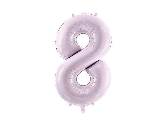 Pastelinis folinis balionas skaičiaus „8“, violetinis. Ne pripūsto dydis– apie 86 cm, pripūsto dydis – apie 72 cm. Galima pildyti oru arba heliu. Komplekte pridedamas šiaudelis, balionas užsisandarinantis.