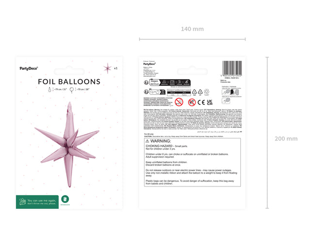 3D folinis balionas „Žvaigždė“, 70 cm, šviesiai rožinis