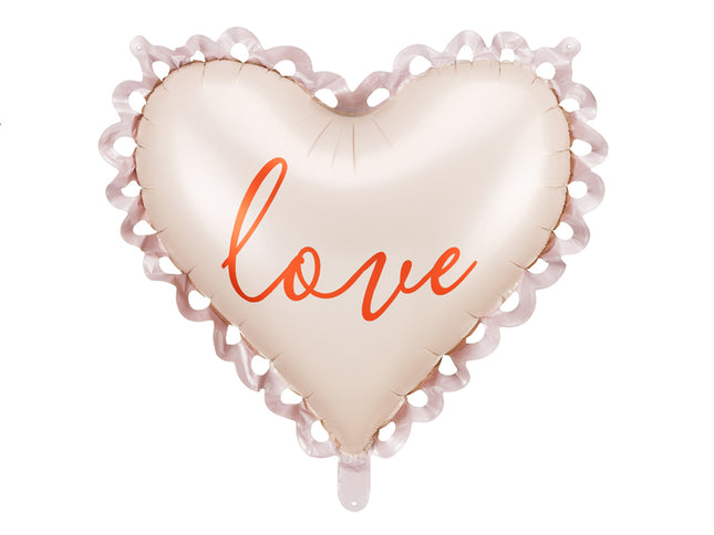 Folinis balionas, širdies formos su užrašu „Love“. Spalvų mišinys. Nepripūtus: 67 × 56,5 cm, pripūtus – 50 × 47 cm. Tinka pildyti oru arba heliu. Komplekte pridedamas šiaudelis.
