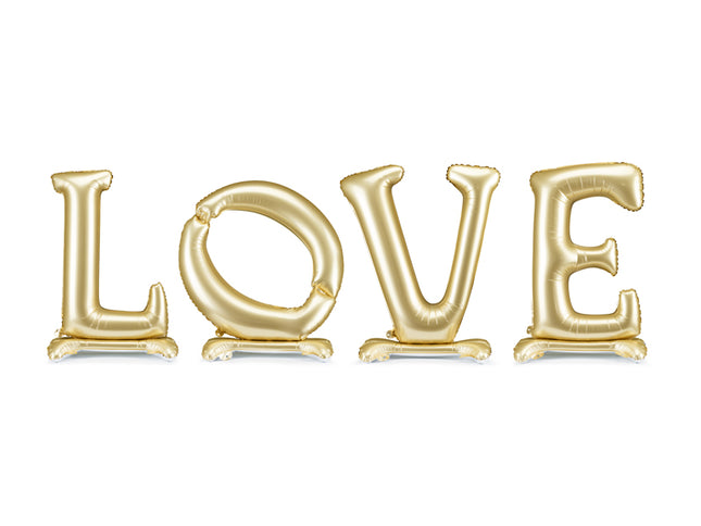 Pastatomas folinis balionas „LOVE“, auksinis. Satininio paviršiaus. Dydis nepripūtus – apie 350 x 114 cm, pripūtus 300 x 97 cm. Skirtas pildyti oru. Komplekte pridedamas šiaudelis. Puikiai tinka kaip šventės akcentas ar foto siena.