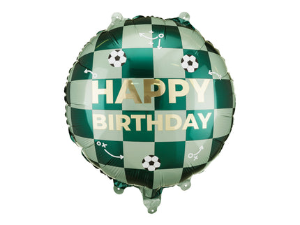 Folinis balionas su užrašu „Happy Birthday“ ir futbolo kamuoliukais. Dydis nepripūtus – apie 45 x 45 cm, pripūtus 35 x 35 cm. Tinka pildyti oru arba heliu. Komplekte pridedamas šiaudelis.
