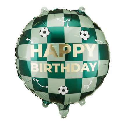 Folinis balionas su užrašu „Happy Birthday“ ir futbolo kamuoliukais. Dydis nepripūtus – apie 45 x 45 cm, pripūtus 35 x 35 cm. Tinka pildyti oru arba heliu. Komplekte pridedamas šiaudelis.