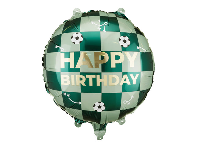 Folinis balionas su užrašu „Happy Birthday“ ir futbolo kamuoliukais. Dydis nepripūtus – apie 45 x 45 cm, pripūtus 35 x 35 cm. Tinka pildyti oru arba heliu. Komplekte pridedamas šiaudelis.
