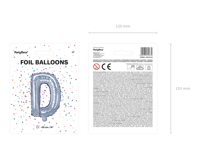 Holografinės spalvos Folinis balionas raidė "D", holografinis, aukštis apie 35 cm.