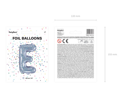 Holografinės spalvos Folinis balionas raidė "E", holografinis, aukštis apie 35 cm.