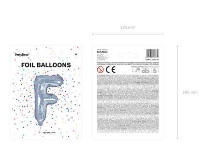 Holografinės spalvos Folinis balionas raidė "F", holografinis, aukštis apie 35 cm.