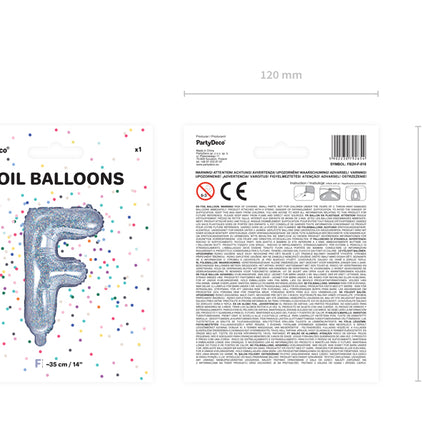 Holografinės spalvos Folinis balionas raidė "F", holografinis, aukštis apie 35 cm.