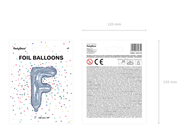 Holografinės spalvos Folinis balionas raidė "F", holografinis, aukštis apie 35 cm.