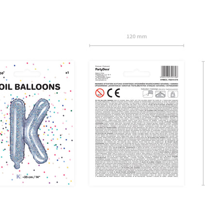 Holografinės spalvos Folinis balionas raidė "K", holografinis, aukštis apie 35 cm.