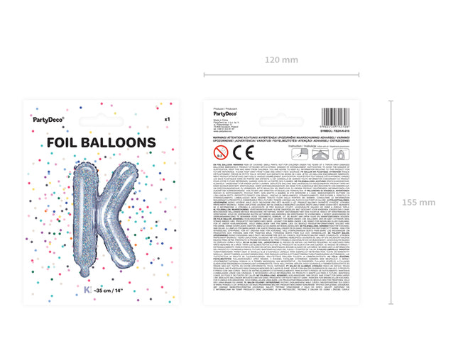 Holografinės spalvos Folinis balionas raidė "K", holografinis, aukštis apie 35 cm.
