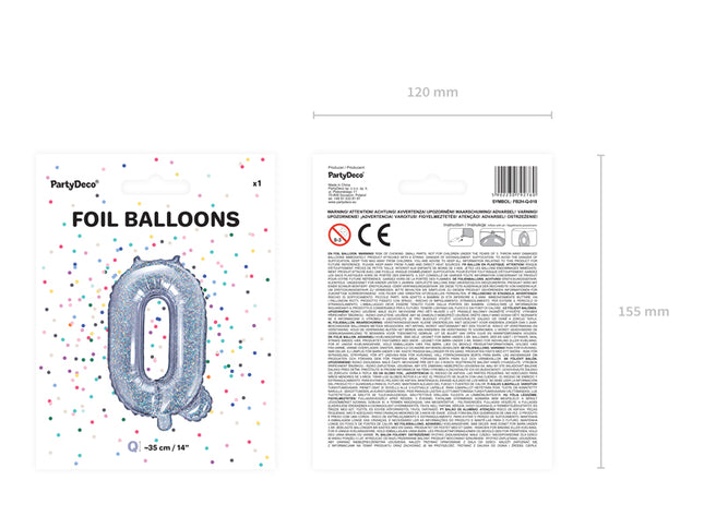 Holografinės spalvos Folinis balionas raidė "Q", holografinis, aukštis apie 35 cm.