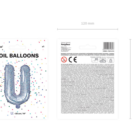 Holografinės spalvos Folinis balionas raidė "U", holografinis, aukštis apie 35 cm.