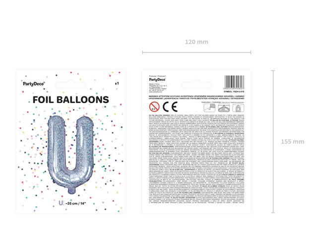 Holografinės spalvos Folinis balionas raidė "U", holografinis, aukštis apie 35 cm.