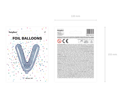 Holografinės spalvos Folinis balionas raidė "V", holografinis, aukštis apie 35 cm.