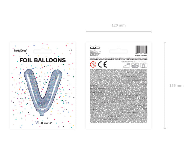 Holografinės spalvos Folinis balionas raidė "V", holografinis, aukštis apie 35 cm.