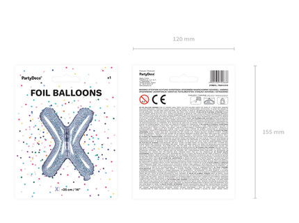 Holografinės spalvos Folinis balionas raidė "X", holografinis, aukštis apie 35 cm.