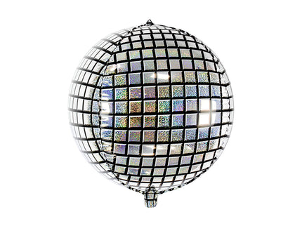 Folinis balionas "Disco Ball", pagamintas iš holografinės Folinis, dydis prieš pripučiant apie 50 cm (20''), pripūtus apie 40 cm (16''). Pripūsti heliu