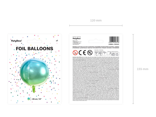 Folinis balionas "Ombre Ball", mėlynos ir žalios spalvos, 35 cm
