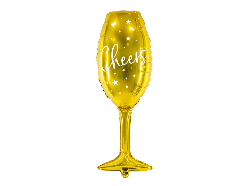 Auksinės spalvos metalinės Folinis balionas "Taurė - Cheers" su baltu užrašu, dydis apie 28 x 80 cm (11 x 31,5'').