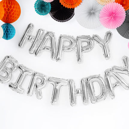 Folinis balionas "Happy Birthday", 340x35cm, sidabrinės spalvos
