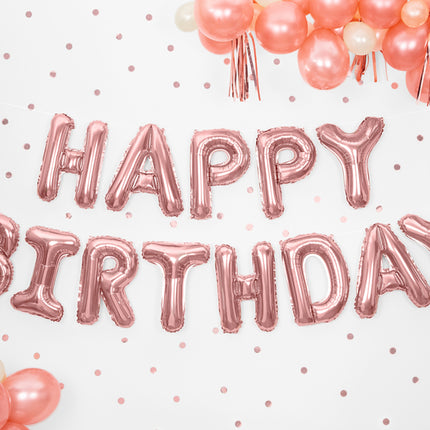 Folinis balionas "Happy Birthday", 340x35cm, rožinio aukso spalvos