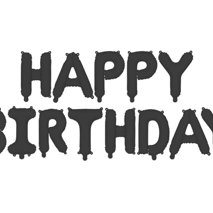 Folinis balionas „Happy Birthday“, juodas. Matinis, dydis apie 340 x 35 cm. Skirtas pildyti oru. Skirtas pagyvinti gimtadienius.