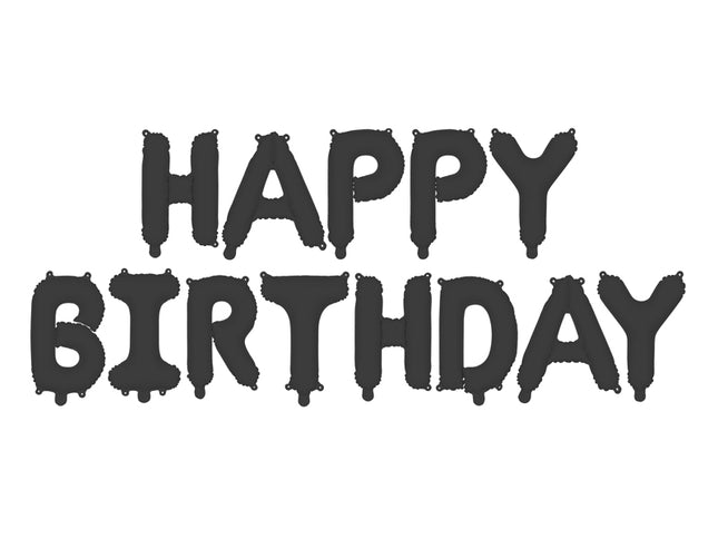 Folinis balionas „Happy Birthday“, juodas. Matinis, dydis apie 340 x 35 cm. Skirtas pildyti oru. Skirtas pagyvinti gimtadienius.