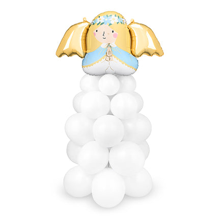 Pastatoma balionų puokštė „Angelas“. Rinkinyje 29 balti balionai, 4 skaidrūs formuojami, 1 folinis balionas „Angelas“. Komplekte pridedamas šiaudelis. Dydis – apie 140 × 70 cm. Yra instrukcija.