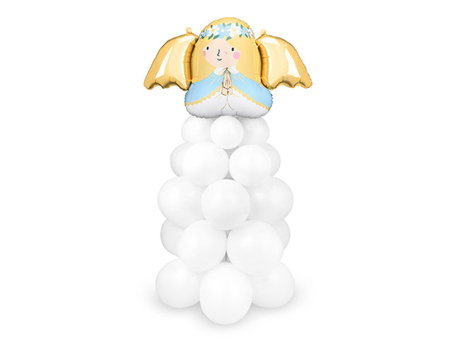 Pastatoma balionų puokštė „Angelas“. Rinkinyje 29 balti balionai, 4 skaidrūs formuojami, 1 folinis balionas „Angelas“. Komplekte pridedamas šiaudelis. Dydis – apie 140 × 70 cm. Yra instrukcija.