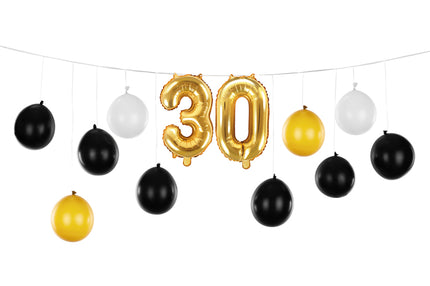Balionų girlianda 3 in 1 - 30-ojo gimtadienio juodos, auksinė ir baltos spalvos, rinkinį sudaro: latekso balionai (10 vnt.), folijos balionai (2 vnt.), kaspinas (25 m) ir popierinis šiaudelis. Surinkus dydis apie 260 x 32 cm. Girliandą galima surinkti 3 būdais, yra instrukcija.