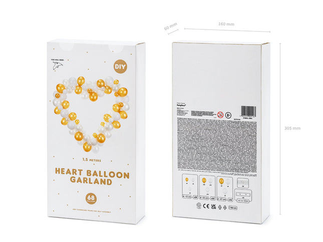 Balionų girlianda su rėmeliu "Širdutė", balta ir auksinė, 160 cm