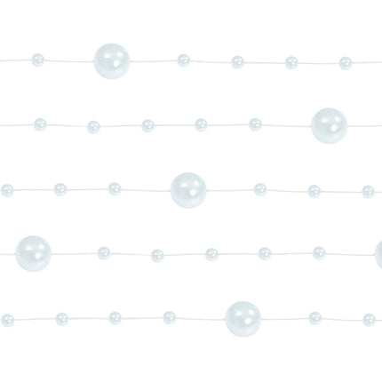 Perlų girliandos dekoracija, perlamutrinės spalvos. Yra ir mažų ir didesnių perlų kamuoliukų. Ilgis 1.3 metro. (5 vnt.)