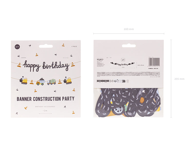 Girlianda "Happy Birthday" tema "Statybinės mašinos", 2 m